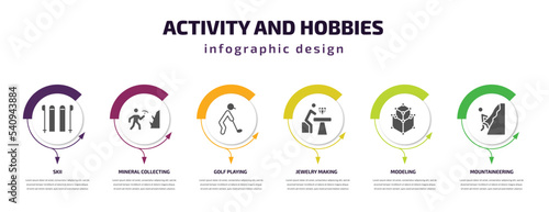 activity and hobbies infographic template with icons and 6 step or option. activity and hobbies icons such as skii, mineral collecting, golf playing, jewelry making, modeling, mountaineering vector.