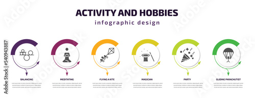 activity and hobbies infographic template with icons and 6 step or option. activity and hobbies icons such as balancing, meditating, flying a kite, magician, party, gliding parachutist vector. can
