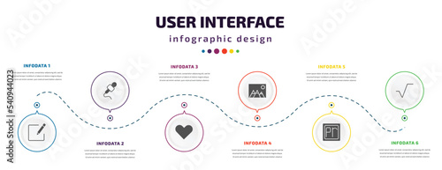 user interface infographic element with icons and 6 step or option. user interface icons such as compose, mic interface, hearth, image with mountains, premier, square root vector. can be used for