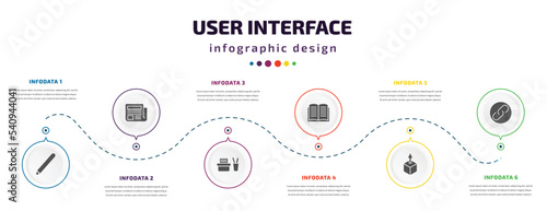 user interface infographic element with icons and 6 step or option. user interface icons such as pen writing a line, folded newspaper, office material, open diary, extract button, link button