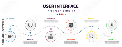 user interface infographic element with icons and 6 step or option. user interface icons such as video edition, magnet, offices, volume button, check box with cursor, tungsten vector. can be used