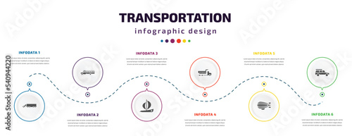 transportation infographic element with icons and 6 step or option. transportation icons such as eighteen-wheeler, school bus, yawl, litter car, zeppelin, off road vector. can be used for banner,