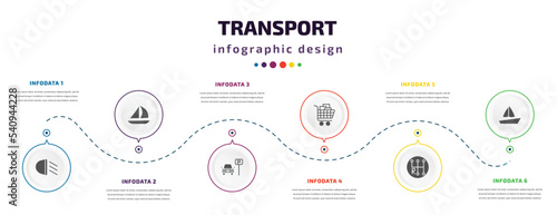 transport infographic element with icons and 6 step or option. transport icons such as car lights, sailing, car parking, cart with boxes, gearshift, sail boat vector. can be used for banner, info