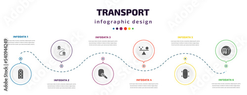 transport infographic element with icons and 6 step or option. transport icons such as semaphore, way, hands free device, stability, longboard, school bus stop vector. can be used for banner, info