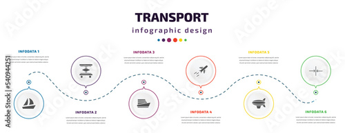transport infographic element with icons and 6 step or option. transport icons such as sailing boat, lifter, yacht navigate, flying airplane, blimp, slim vector. can be used for banner, info graph,
