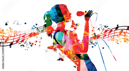 Female singer singing to microphone in intense colors. Performer with musical notes isolated. Vector illustration for live performance and concert events. Music festival, karaoke, talent show poster