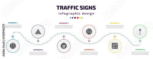 traffic signs infographic element with icons and 6 step or option. traffic signs icons such as lane, pothole, no shopping cart, no rodents, curves, bump vector. can be used for banner, info graph,