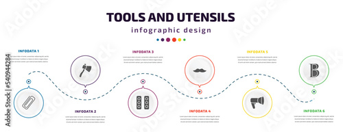 tools and utensils infographic element with icons and 6 step or option. tools and utensils icons such as attachments, hand axe, semaphore lights, moustaches, megaphone side view, bold vector. can be