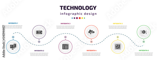 technology infographic element with icons and 6 step or option. technology icons such as responsive web de, receive, attributes, internet traffic, raster images, uptime and downtime vector. can be