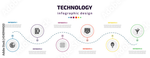 technology infographic element with icons and 6 step or option. technology icons such as radar sweep, web apps, grid system, virtual box, electric light bulb, sales funnel vector. can be used for