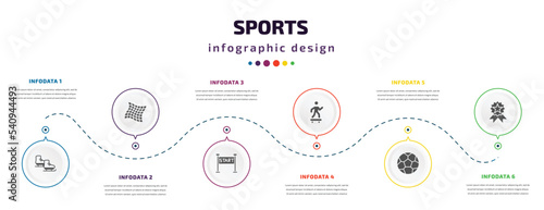 sports infographic element with icons and 6 step or option. sports icons such as ice skates, fishing net, starting line, skating, football ball, awards vector. can be used for banner, info graph,