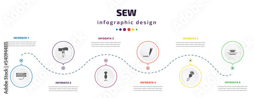 sew infographic element with icons and 6 step or option. sew icons such as suture, cutting, dummy, paint tube, threader, grommet vector. can be used for banner, info graph, web, presentations. photo