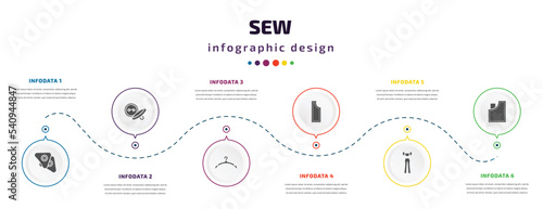 sew infographic element with icons and 6 step or option. sew icons such as chalk, button, clothes hanger, material, styling, jeans pocket vector. can be used for banner, info graph, web,