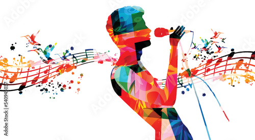 Male singer singing to microphone in intense colors. Performer with musical notes isolated. Vector illustration for live performances and concert events. Music festival, karaoke and talent show poster