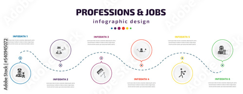 professions & jobs infographic element with icons and 6 step or option. professions & jobs icons such as pediatrician, mafia, hairdresser, archeologist, boxer, makeup artist vector. can be used for