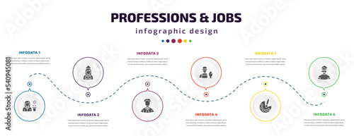 professions & jobs infographic element with icons and 6 step or option. professions & jobs icons such as florist, maid, office worker, fisherman, artist, bouncer vector. can be used for banner, info