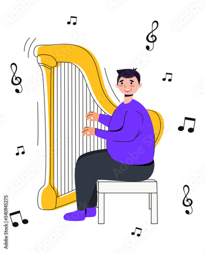 The guy sits on a chair and plays the harp. Vector stock illustration. White background. isolated. Character. Musical instrument