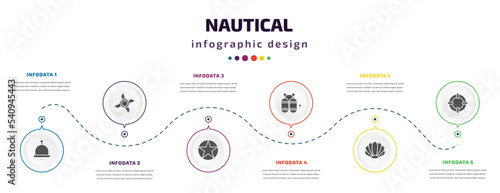 nautical infographic element with icons and 6 step or option. nautical icons such as boat bell, ship engine propeller, star inside circle, double air tank, big shell, life preserver vector. can be