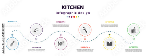 kitchen infographic element with icons and 6 step or option. kitchen icons such as beater, garlic press, dinner, bottle opener, napkin, juicer vector. can be used for banner, info graph, web,