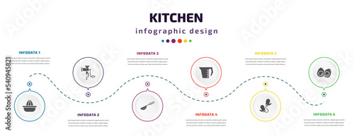 kitchen infographic element with icons and 6 step or option. kitchen icons such as squeezer, meat grinder, sugar sifter, measuring cup, mitten, eggs vector. can be used for banner, info graph, web,