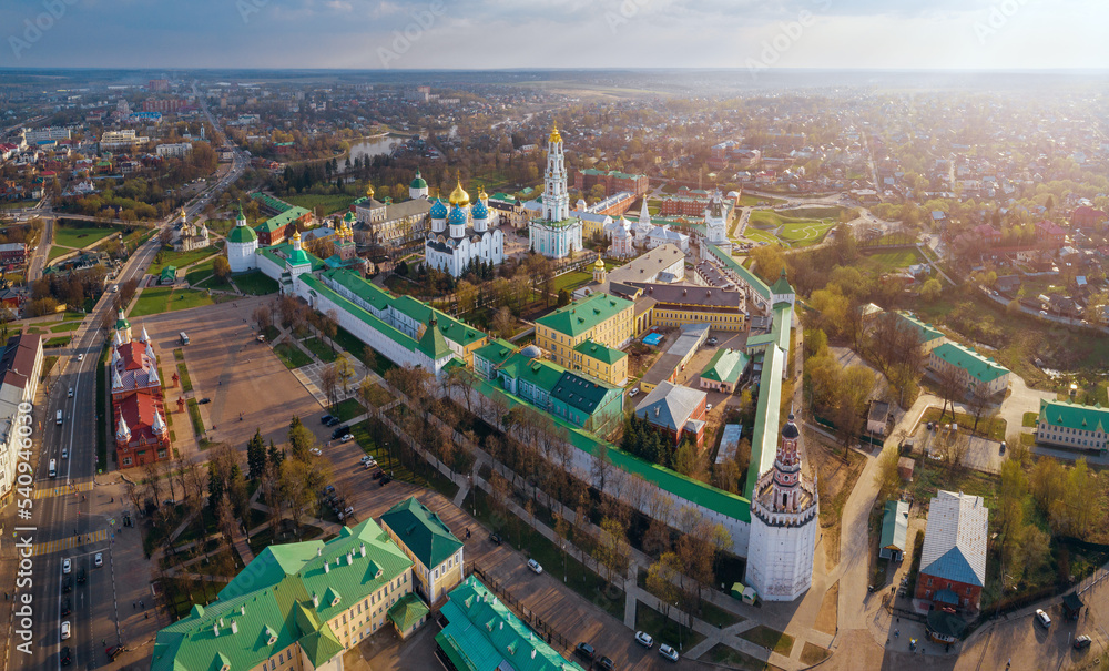 Panoramic aerial view of Trinity St. Sergy Monastery at autumn evening. Sergiev Posad, Russia