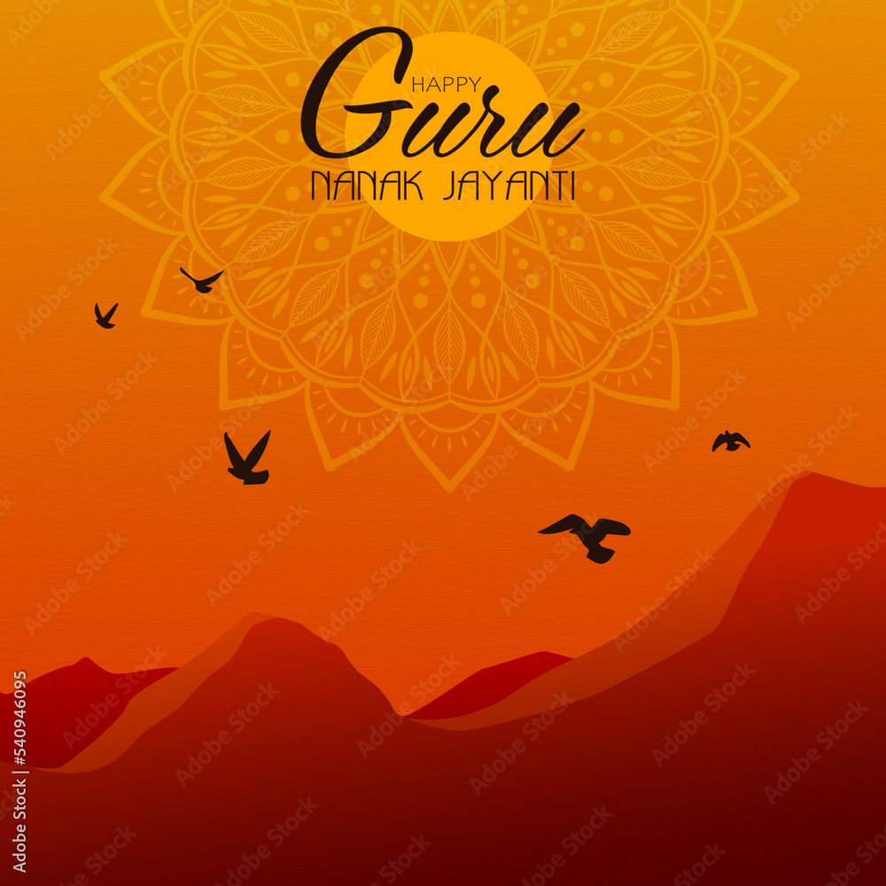 Happy Guru Nanak Jayanti festival of India. Sunrise over the mountains