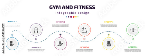 gym and fitness infographic element with icons and 6 step or option. gym and fitness icons such as vegetables juice, skipping rope, press simulator, running treadmill, fitness body, gymnastic roller