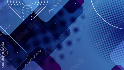 Abstract blue presentation background with memphis geometry shapes. Trendy vibrant vector backgrounds. Fashion style 80-90s. Colorful geometric background, vector illustration.