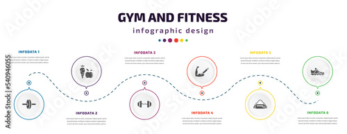 gym and fitness infographic element with icons and 6 step or option. gym and fitness icons such as fitness wheel, carrot dumbbells bar, steroids, gym bag, trainers vector. can be used for banner,