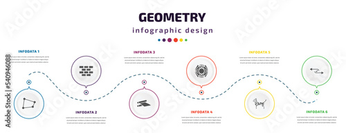 geometry infographic element with icons and 6 step or option. geometry icons such as distort, construction, off, polygonal hexagonal, polygonal dog, flow vector. can be used for banner, info graph,