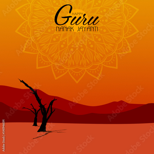 Fototapeta Naklejka Na Ścianę i Meble -  Happy Guru Nanak Jayanti festival of India. Sunrise over the mountains as design for greeting card or poster for Indian celebration of Guru Nanak's birthday.