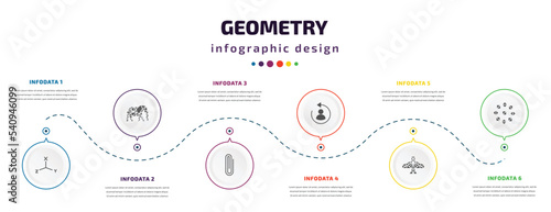 geometry infographic element with icons and 6 step or option. geometry icons such as coordinates, polygonal elephant, clip, change, polygonal jet aircraft, polygonal ornament vector. can be used for