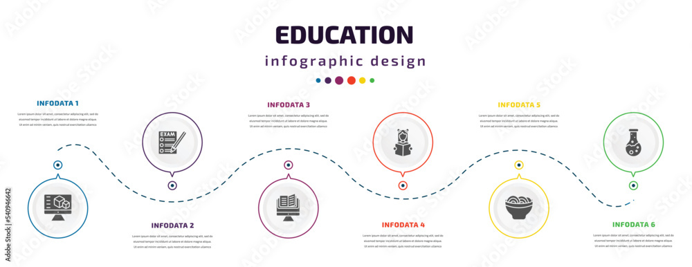 education infographic element with icons and 6 step or option. education icons such as 3d de, exams, studies, reading book, mie, florence flask vector. can be used for banner, info graph, web, education infographic element with icons and 6 step or option. education icons such as 3d de, exams, studies, reading book, mie, florence flask vector. can be used for banner, info graph, web,