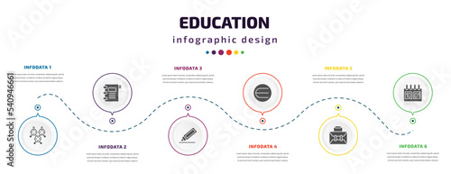 education infographic element with icons and 6 step or option. education icons such as chemical diagram, agenda with bookmarks, corrector, is an element of, case, school calendar vector. can be used