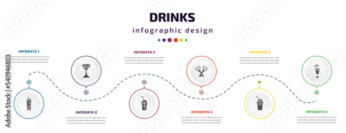 drinks infographic element with icons and 6 step or option. drinks icons such as tom collins, flirtini, smoothie, forks, frappuccino, mai tai vector. can be used for banner, info graph, web,