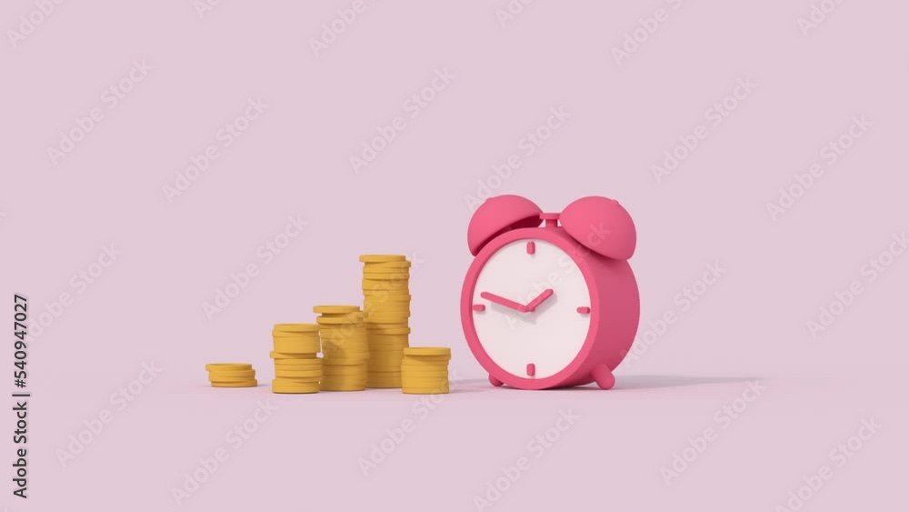Clock and coins. Time and money concept. 3D render minimal cartoon animation