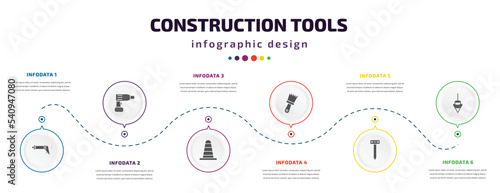 construction tools infographic element with icons and 6 step or option. construction tools icons such as caulk gun, hand drill, road construction, builder brush, boning rod, plumb bob vector. can be