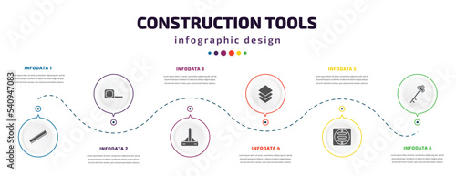 construction tools infographic element with icons and 6 step or option. construction tools icons such as school ruler, open scale, bump cutter, tiles, drain, antique key vector. can be used for