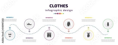 clothes infographic element with icons and 6 step or option. clothes icons such as lingerine, shoes, chino shorts, slit skirt, off the shoulder dress, cocktail dress vector. can be used for banner,