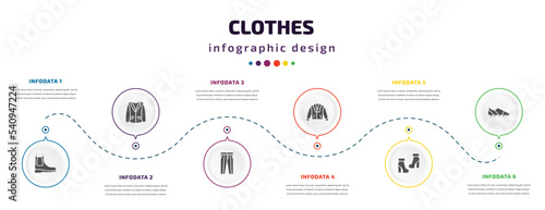 clothes infographic element with icons and 6 step or option. clothes icons such as leather chelsea boots, oxford wave blazer, oxford wave suit pants, leather biker jacket, ankle boots, soccer shoe