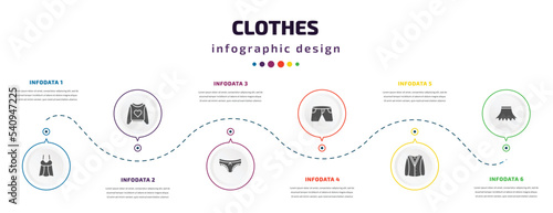 clothes infographic element with icons and 6 step or option. clothes icons such as draped top, sweatshirt, panties, denim shorts, cardigan, circle skirt vector. can be used for banner, info graph,