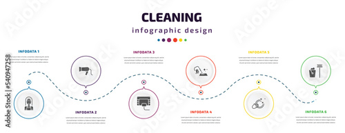 cleaning infographic element with icons and 6 step or option. cleaning icons such as charwoman, hairdryer cleanin, compress cleanin, carpet cleaning, washing dishes, dustpan cleanin vector. can be