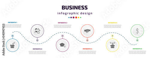 business infographic element with icons and 6 step or option. business icons such as sleepy worker at work, expert, graduation ceremony, cooperate, angry boss, dollar currency vector. can be used