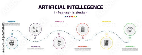 artificial intellegence infographic element with icons and 6 step or option. artificial intellegence icons such as synthetic food, file transfer, motion sensor, database, mobile flexible display,