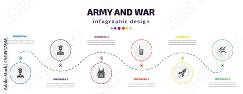 army and war infographic element with icons and 6 step or option. army and war icons such as lieutenant, conscription, bulletproof, militar radio, missile, explosion vector. can be used for banner,