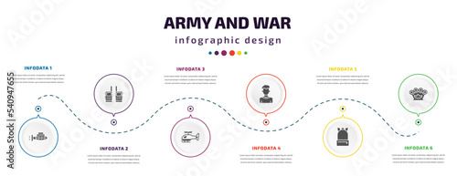 army and war infographic element with icons and 6 step or option. army and war icons such as submarine front view, two way radio, helicopter, civilian, backpack, knuckle vector. can be used for