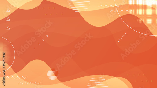 Orange abstract background with memphis style, geoemtric shape, and wave curve fluid line. Vector modern abstract background with halftone geometric shapes and textures.