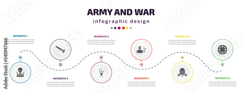 army and war infographic element with icons and 6 step or option. army and war icons such as soldier, launcher, rebellion, terrorist, gas mask, target vector. can be used for banner, info graph,