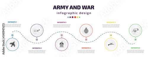 army and war infographic element with icons and 6 step or option. army and war icons such as plane, explosive, federal agency, whizbang with rong, sniper rifle, canon vector. can be used for banner, photo
