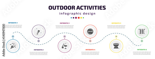 outdoor activities infographic element with icons and 6 step or option. outdoor activities icons such as party, sing, knife making, dealer, barbeque, skii vector. can be used for banner, info graph,